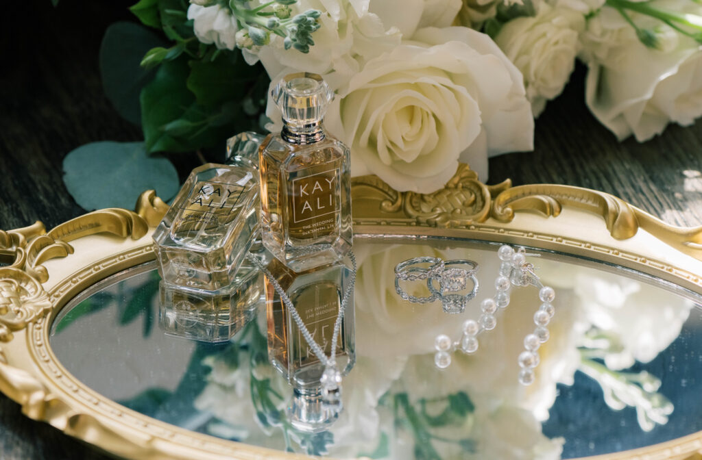 brides details on a mirror by a Grand Rapids wedding photographer