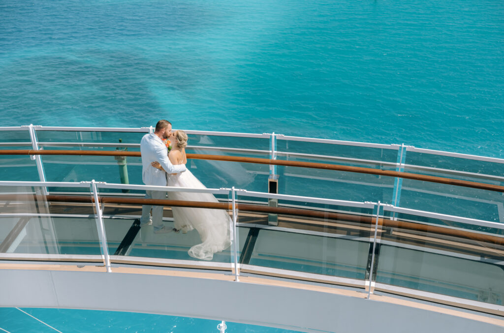 A first look of a bride and groom on a cruise ship at their destination wedding in the Caribbean